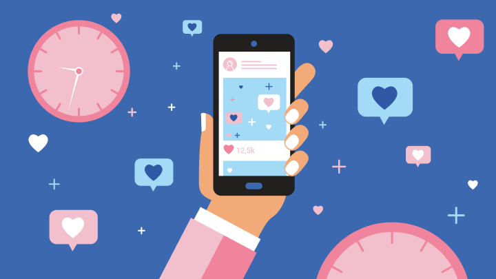 Illustration einer jungen Frau mit ihrem Mobiltelefon in der Hand, die für einen Post ganz viele rote, pinke, blaue und Violette Herzen bekommt vom Social Media Management Tool-Anbieter Levuro
