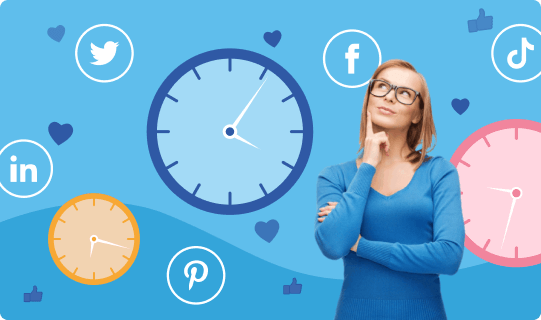 Illustration of a social media manager wondering when is the best time to post on social media, scheduling her next post with laptop and social media management tool Levuro.