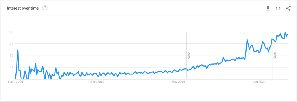Grafik die das weltweit wachsende Interesse nach dem Suchmaschinen-Suchbegriff «video caption» darstellt – Levuro